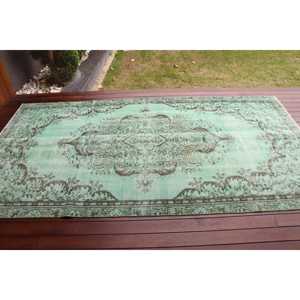 Tapis turc vintage 5x9,2 pieds, grand tapis, tapis en laine verte - Product Image 3