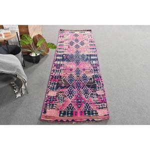 พรมตุรกีโบราณสีชมพูและสีฟ้าแบบดั้งเดิมพรมห้องนั่งเล่น2.6x9.7ft ขนสัตว์มีการออกแบบเย็บปะติดปะต่อกันดีไซน์แบบดั้งเดิมสำหรับวัยรุ่นที่มีแผ่นรองด้วยน้ำยาง - Product Image 4