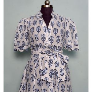 Robe midi décontractée vintage pour femme 100 % coton à manches courtes, imprimé floral, col en V, fermeture à cordon, coupe trapèze, doublure en coton tissé - Product Image 3
