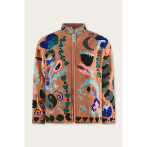 เสื้อแจ็คเก็ตกำมะหยี่ปักลายดอกไม้สีฟ้าสไตล์บอฮีเมียนแบบกลับด้านได้  ตกแต่งด้วยลายปักสีชมพูอมเทา  เหมาะสำหรับฤดูใบไม้ร่วงและฤดูหนาว - Product Image 1