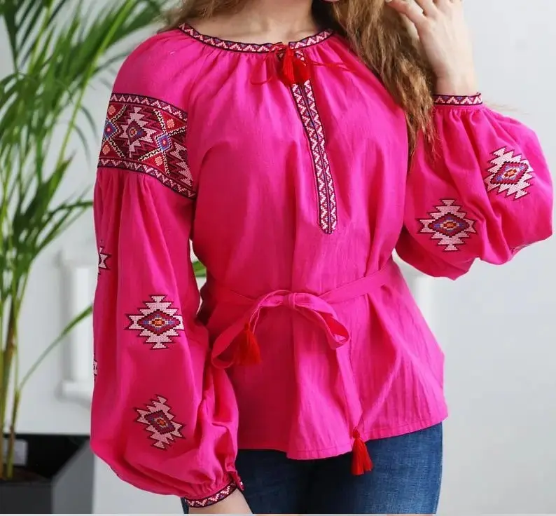 Ukrainian Embroidered Long Puff Sleeves Blouse For Women Daily Wear Shirt Type Top