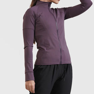 Ropa de entrenamiento personalizada de secado rápido para mujer, cuello alto, bolsillos traseros, Morado, ajustada, manga larga, gimnasio, Yoga, chaqueta con cremallera - Product Image 3