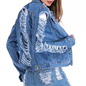 Chaqueta vaquera informal de moda para mujer a bajo precio, nuevo diseño, chaqueta vaquera con dobladillo con flecos rasgados personalizados con colores y logotipo personalizados - Product Image 2