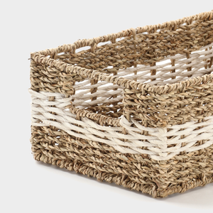 Bandeja de Almacenamiento Rectangular Tejida a Mano de Pasto Marino con Banda de Contraste Blanca y Asas Recortadas para el Hogar y la Oficina - Product Image 2