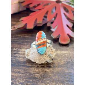 Navajo Handcrafted <b>Turquoise</b> & Opal Sterling Silver Inlay <b>Ring</b> Size 8.25 Fine Jewelry - Product Image 1