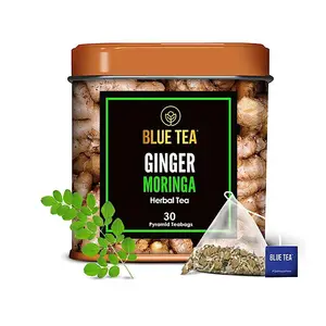 BLUE TEA Ginger Moringa Herbal Tea 30 Chá Bags | Ginger Moringa Origem indiana DIRETAMENTE DA FONTE | Cafeína Livre-G