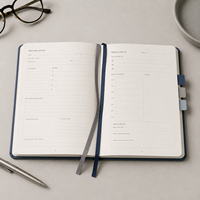 Carnet de notes de réunion personnalisé LABON, couverture rigide marine, logo en relief, boucle élastique pour stylo, 160 pages, 100 g/m², agenda professionnel