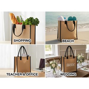 Eco-Friendly Reusable Blank Jute Tote <b>Bag</b> 14 X 16 X 4 Inches <b>Medium</b> Shopping Trolley Black Handles Washable Letter Patterned - Product Image 5
