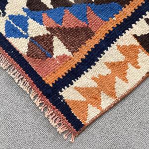 Alfombra Turca de Lana Vintage con Diseño a Cuadros Azules, 3x10.6 pies - Product Image 4