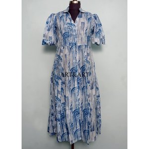 Robe mi-longue décontractée en coton indien naturel pour femme, à manches courtes, col en V, coupe trapèze - Product Image 6