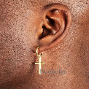 Pendientes Huggie de Plata de Ley 925 hechos a mano, abalorio clásico único, Cruz colgante delicada, pendientes de aro finos chapados en oro para hombres - Product Image 2