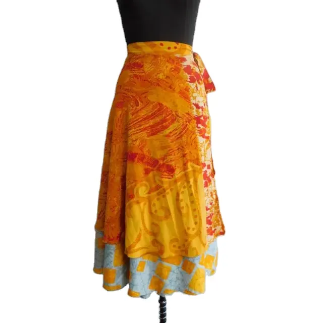 Saia De Dança Do Ventre Vintage 2 Camada Envoltório Mágico Reversível Indiano Multicolor Mão Bloco Floral Impresso Vestido De Seda Sari