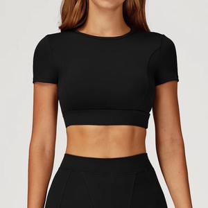 T-shirt de sport de yoga à manches courtes pour femmes en gros personnalisé, col rond, sensation de peau nue, haut de fitness pour la course à pied et l'entraînement - Product Image 4