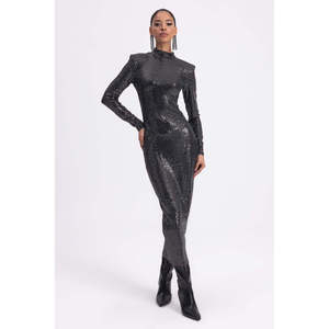 Padded Sequined Midi Pencil <b>Dress</b> - <b>Silver</b> - Product Image 2