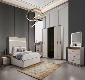 Elegant Super King <b>Bed</b> <b>LED</b> Lighted 8-Door Wardrobe High Gloss Finished 8-Door Mirrored Headboard Industrial Bedroom Furniture - Product Image 3