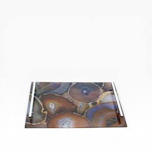 Rectangular Natural Brown Agate Stone Serving Tray with Polished <b>Crystal</b> Slice Pattern and Sleek Silver Metal Handles - Product Image 1