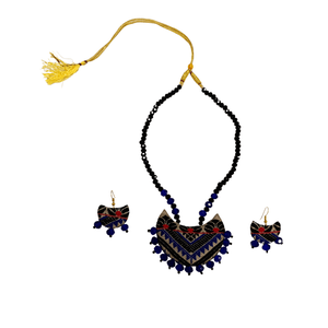 Handmade Traditional Gamusa Blue Black Muga Silk Necklace <b>Set</b> Fine Jewelry with Tribal Design - Product Image 3