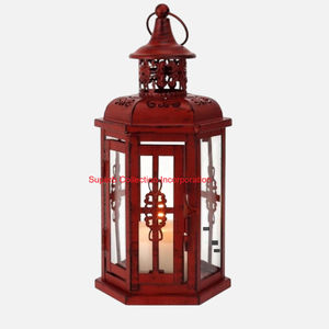 Lanterne à bougie vintage en métal rouge Lanterne hexagonale décorative suspendue et de table Bougeoir à finition antique pour intérieur et extérieur - Product Image 1