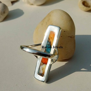 SOCTDSGR9 Spiny Copper Oyster <b>Turquoise</b> <b>Ring</b> 6x20mm Rectangle Bezel Design Rhodium Plated 925 Sterling Silver Wedding Jewelry - Product Image 3