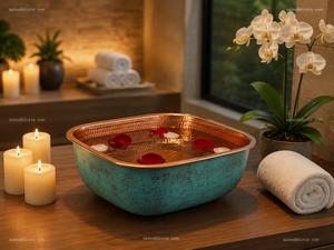 Handcrafted Copper Pedicure Bowl With Hammered Texture <b>Teal</b> Exterior For Spa Use - Product Image 3