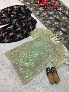 New Designer Party Wear Faux Georgette Heavy Sequence Embroidered Top and Digital Printed Dhoti Salwar With Dupatta Suit Set - Product Image 5