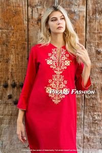 เดรสแฟชั่นแขนยาวสำหรับผู้หญิงชุดเดรสโรแมนติกสีแดงปักลายดอกไม้ - Product Image 4