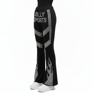 Women Flare Pant premium 260 GSM polyester spandex fabric black rhinestone hotfix side panels custom logo Women's Pant - Product Image 3