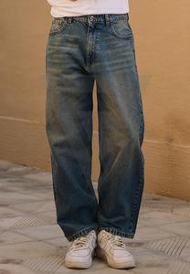 2025 personalizado ligero desgastado alto estiramiento Micro Flare azul oscuro suelto recto ajuste media cintura Jeans frente crudo dobladillo moda de los hombres - Product Image 2