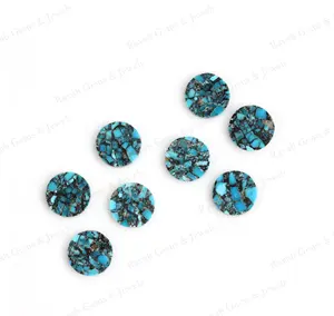 Haute qualité meilleur prix naturel 12mm bleu toile d'araignée tibétain Kingman Turquoise pierres précieuses fabrication de bijoux plat rond pièce lâche Ston
