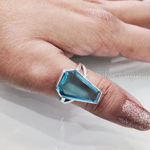 Bague pour femme en argent sterling 925, faite à la main, avec topaze bleue naturelle de forme cercueil, pierre de naissance de novembre, cadeau d'anniversaire oriental - Product Image 4