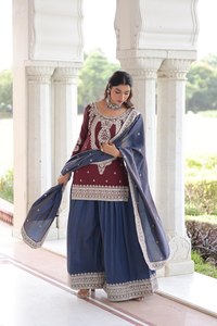 Traje Sharara Vintage de Otoño con Bordado de Lentejuelas en Seda NC con Dupatta - Product Image 2
