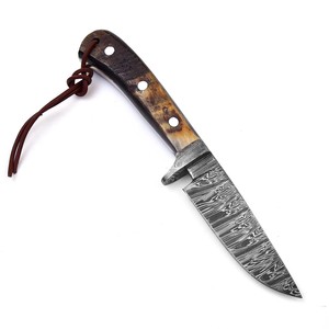 Couteau à lame fixe en acier Damas forgé, fourreau en cuir, EDC, lame pleine, chasse, dépeçage, camping, manche en corne de biche, forge nordique, OEM - Product Image 2