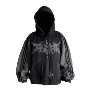 Sudadera con capucha desgastada con lavado ácido 100% algodón con cremallera completa estilo callejero sudaderas con capucha recortadas con parche bordado apropiado para invierno - Product Image 4