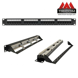 Panel de Conexiones TRICOM de 24 Puertos Cat6 Hembra RJ45, 19 Pulgadas, Montaje en Rack de Acero, con Barra Trasera para Telecomunicaciones - Product Image 1