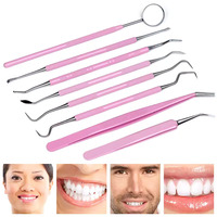 SET 8 Alat Pembersih Mulut Dokter Gigi Warna Pink, Termasuk Cermin Mulut, Pinset, Probe Ganda, Pencungkil, Skaler, Bahan Stainless Steel