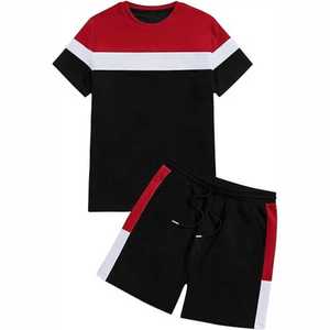 ชุดเสื้อยืดกางเกงขาสั้นสีแดงดำขาว ดีไซน์บล็อกสีโดดเด่น สไตล์ลำลอง ขายส่งราคาถูก - Product Image 1