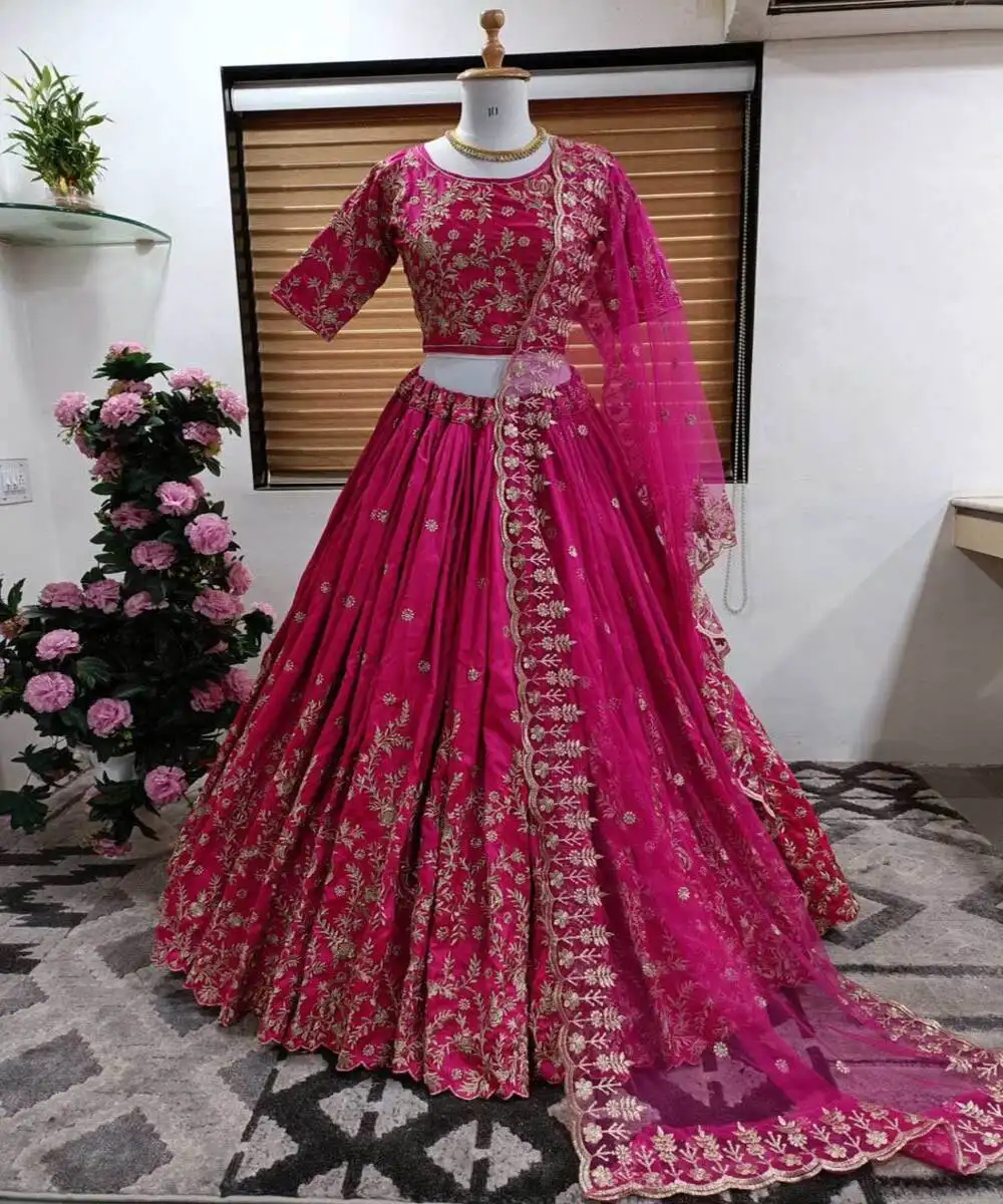 Designer party wear stitched ready made net fabric beautiful pink color lehenga choli for idiom women rich look best price