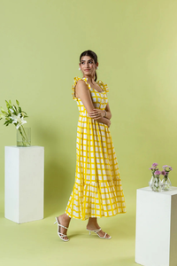 Venta caliente verano Maxi amarillo Gingham vestido Casual vestido para mujer cuello cerrado algodón mujeres vestido - Product Image 5