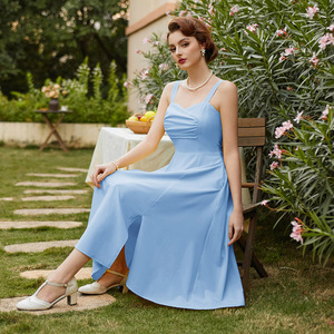 ผู้หญิงวินเทจด้านหน้าชุดRuched Bodice SmockedกลับMidi A-Lineที่กําหนดเองเชอร์รี่พิมพ์Retroชุด - Product Image 2