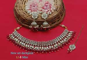 Nuevo diseño chapado en oro tradicional gota perla y piedra tachonado pendiente Mangtika gargantilla collar conjunto y conjunto de joyería para mujer - Product Image 2