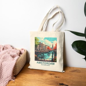 Bolsa de Mano de Lona de Algodón de Ámsterdam, Países Bajos, con Cierre Abierto, Diseño para Viaje - Product Image 1
