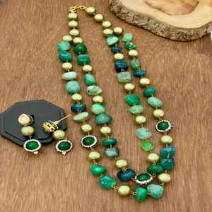 Ensemble Mala en agate de qualité supérieure pour femmes pendentif coloré avec boucles d'oreilles pour vêtements ethniques modernes formels décontractés en bijoux en laiton - Product Image 2