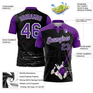 Polo Deportivo Personalizado con Diseño 3D en Negro, Morado y Blanco, para Boliche, con Tecnología de Absorción de Humedad, para Ligas - Product Image 3