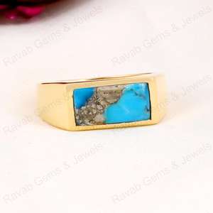 Best Selling 7x14mm Natural Pyrite <b>Turquoise</b> Gemstone Handmade 925 Silver Smooth Wedding Rectangle Vermeil Bohemian Style <b>Ring</b> - Product Image 2