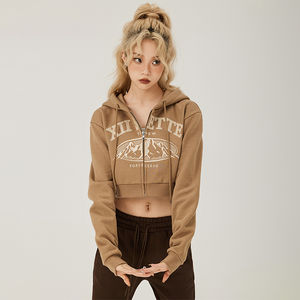 OEM Custom Trending Cropped Print Top Zipper Long Sleeve Sweat-shirt à capuche pour les femmes streetwear - Product Image 4