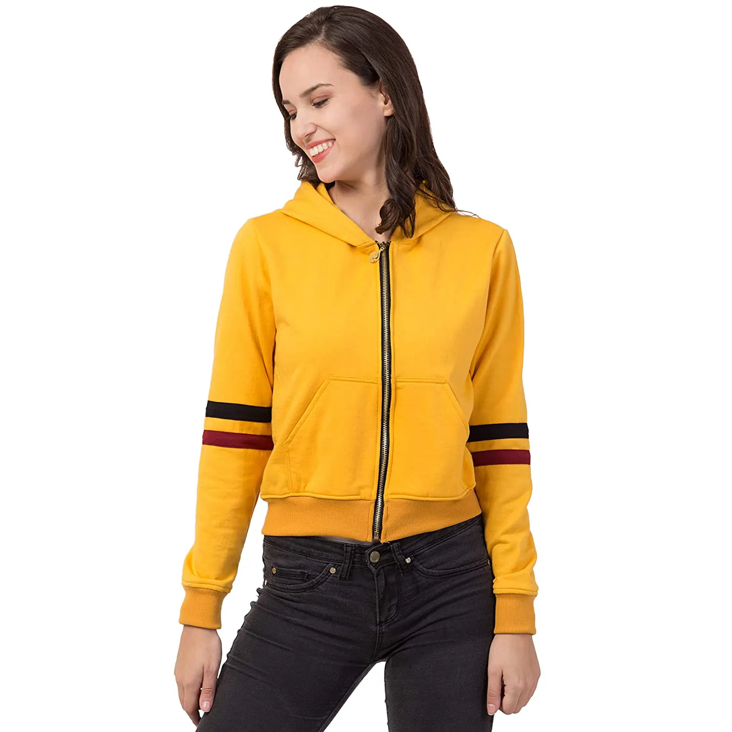 Top quality Hoodie Yellow Gold Hoodie with Maroon and Black stripes on Sleeves Eco Friendly Zipper up Street Style Hoodies
