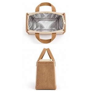 Natural Jute Canvas Insulated <b>Lunch</b> Cooler <b>Bag</b> 10 X 8.5 X 7 Inch 310 GSM Custom Logo Reusable Thermal <b>Tote</b> Zipper Closure - Product Image 6