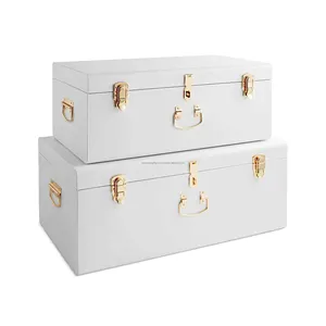 صندوق تخزين منزلي من الصفائح المعدنية مع طلاء بالمسحوق الأبيض مع مقبضين ذهبي ومقبض لمجموعة تنظيم من 2