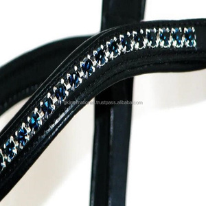 Bandeau de tête pour cheval en cuir épais avec rembourrage doux en cuir de vache, cousu et décoré de cristaux de 6 mm, bleu marine foncé, bandeau de tête brillant - Product Image 3