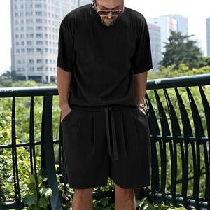 2025 American Heavy Color sólido pequeño escote Camiseta de manga corta para hombre verano 425G pantalones cortos deportes y ocio traje Suelto - Product Image 3